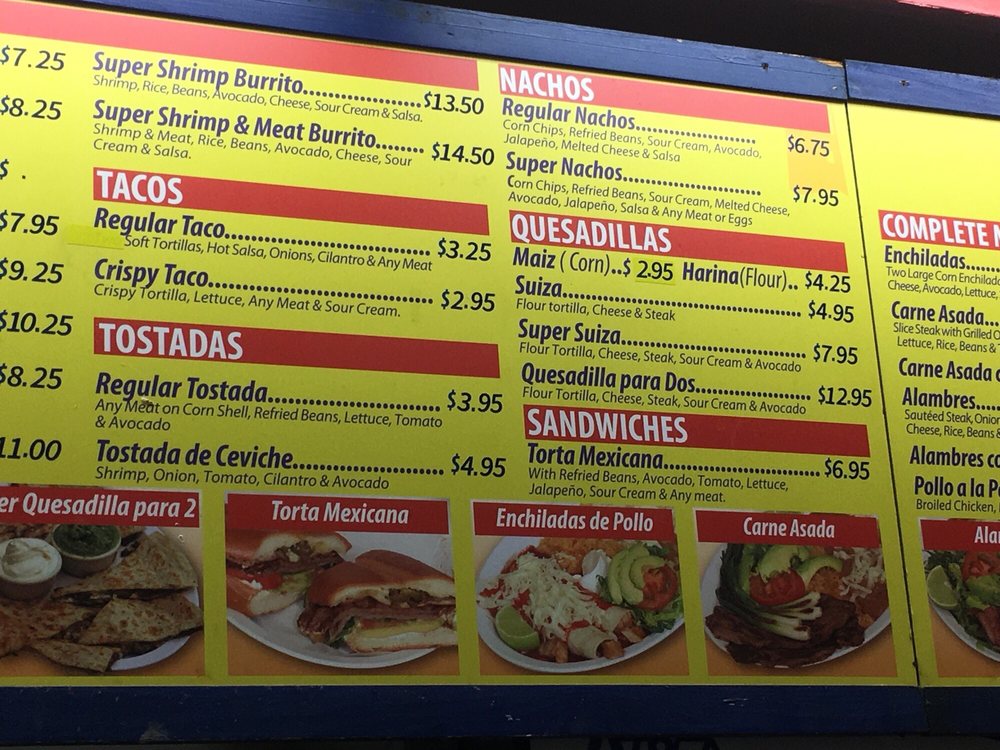 El Farolito in-store menu board showing burritos, tacos, nachos, quesadillas, tostadas, and sandwiches